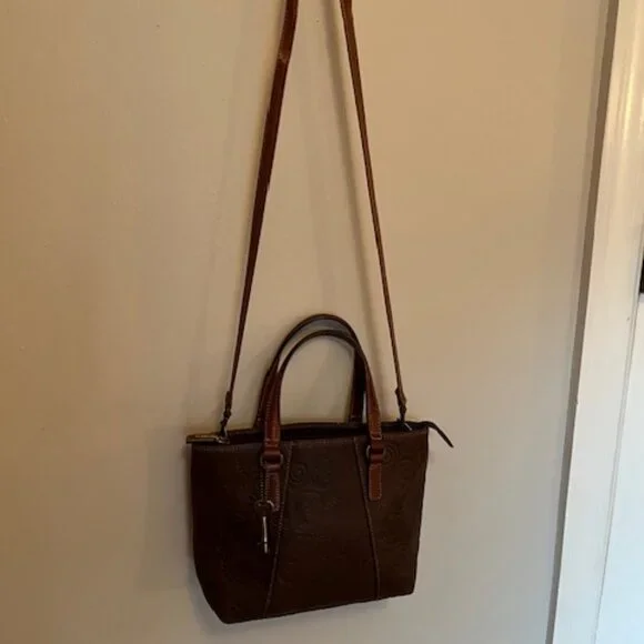 FOSSIL | Brown Floral Tooled Embossed Leather Crossbody or Handbag-EUC - Picture 15 of 16